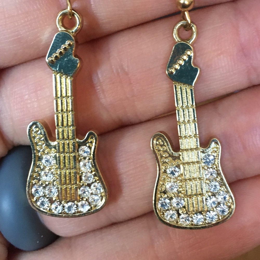 Hard Rock Gold-Toned Rhinestone Guitar Earrings